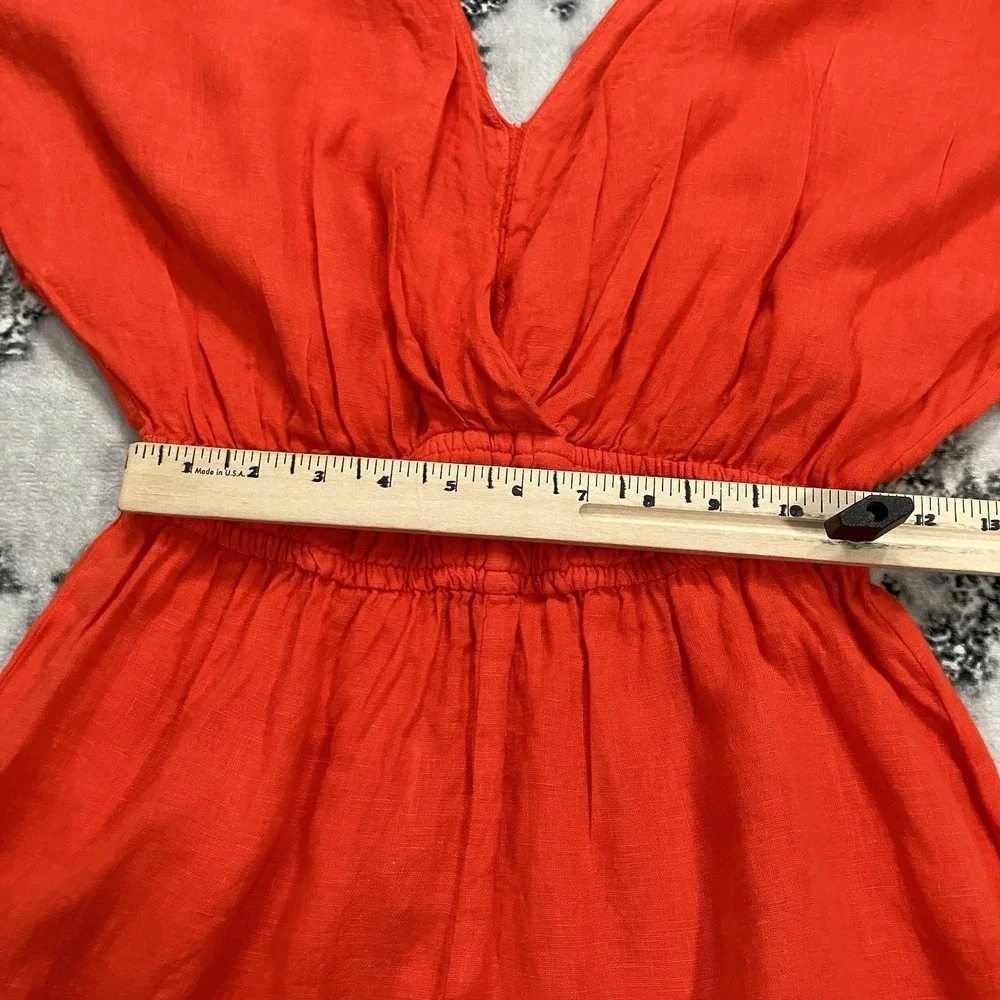 Zara Red Orange Linen Romper Womens Small V Neck Open Back Elastic Waist